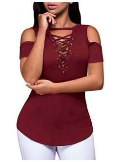 Defal Women's Sexy V-Neck Cold Shoulder Long Sleeve Blouse Shirt Slim Lace-Up Ribbed Stretchy T-Shirt Top