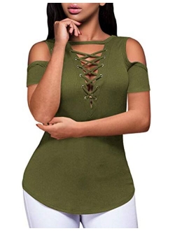 Defal Women's Sexy V-Neck Cold Shoulder Long Sleeve Blouse Shirt Slim Lace-Up Ribbed Stretchy T-Shirt Top