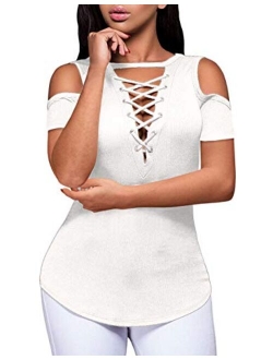 Defal Women's Sexy V-Neck Cold Shoulder Long Sleeve Blouse Shirt Slim Lace-Up Ribbed Stretchy T-Shirt Top