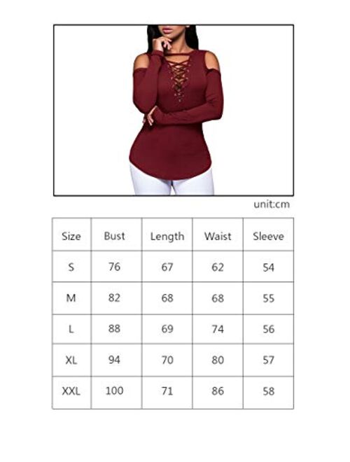 Defal Women's Sexy V-Neck Cold Shoulder Long Sleeve Blouse Shirt Slim Lace-Up Ribbed Stretchy T-Shirt Top