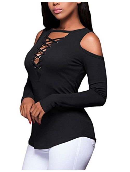 Defal Women's Sexy V-Neck Cold Shoulder Long Sleeve Blouse Shirt Slim Lace-Up Ribbed Stretchy T-Shirt Top