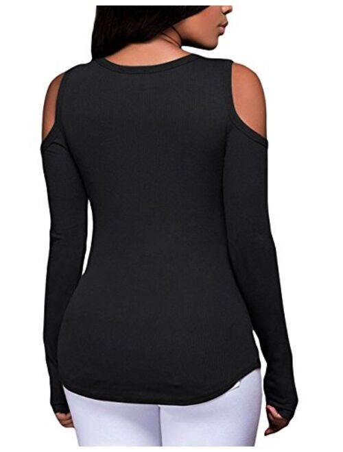 Defal Women's Sexy V-Neck Cold Shoulder Long Sleeve Blouse Shirt Slim Lace-Up Ribbed Stretchy T-Shirt Top