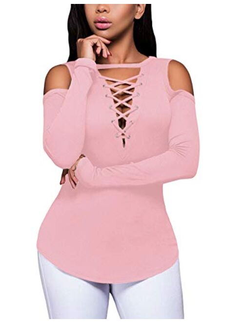 Defal Women's Sexy V-Neck Cold Shoulder Long Sleeve Blouse Shirt Slim Lace-Up Ribbed Stretchy T-Shirt Top