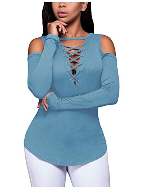 Defal Women's Sexy V-Neck Cold Shoulder Long Sleeve Blouse Shirt Slim Lace-Up Ribbed Stretchy T-Shirt Top