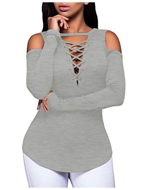 Defal Women's Sexy V-Neck Cold Shoulder Long Sleeve Blouse Shirt Slim Lace-Up Ribbed Stretchy T-Shirt Top