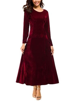 Women's Elegant Long Sleeve Ruched Velvet Stretchy Long Dress