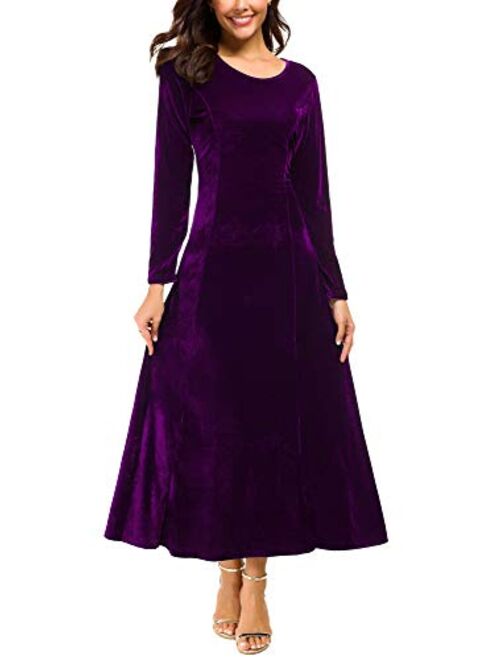 Urban CoCo Women's Elegant Long Sleeve Ruched Velvet Stretchy Long Dress