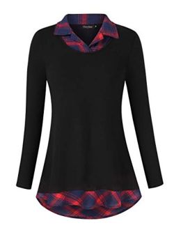 GloryStar Women's Long Sleeve Contrast Collared Shirts Patchwork Work Blouse Tunics Tops