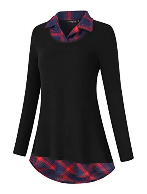 GloryStar Women's Long Sleeve Contrast Collared Shirts Patchwork Work Blouse Tunics Tops