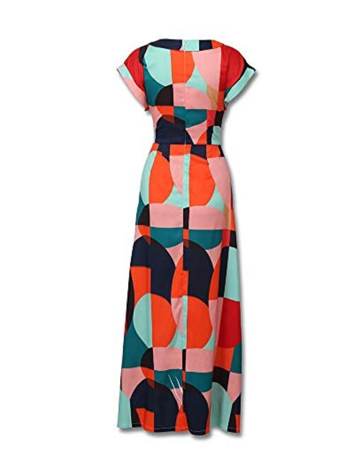 Women Short Sleeve Color Block Printed High Low Front Split Long Shirt Maxi Dress