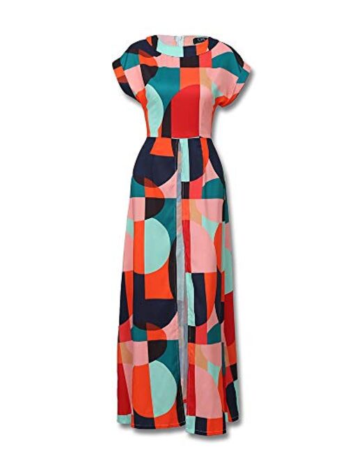 Women Short Sleeve Color Block Printed High Low Front Split Long Shirt Maxi Dress