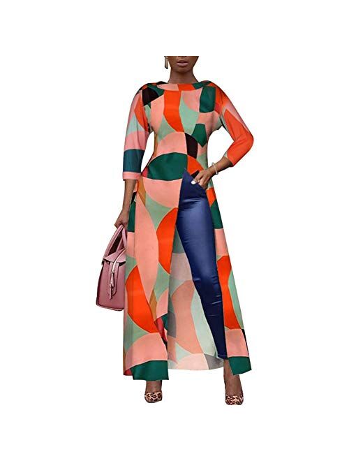 Women Short Sleeve Color Block Printed High Low Front Split Long Shirt Maxi Dress