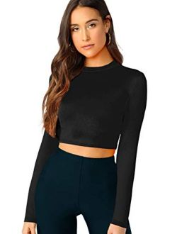 Women's Casual Slim Fitted Basic Long Sleeve Solid Crop Tee Top