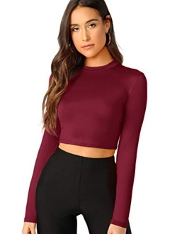 Women's Casual Slim Fitted Basic Long Sleeve Solid Crop Tee Top