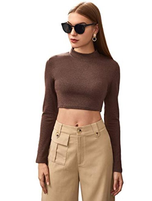 Verdusa Women's Casual Slim Fitted Basic Long Sleeve Solid Crop Tee Top