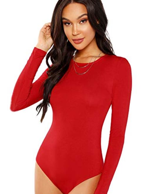 MakeMeChic Women's Basic Long Sleeve Bodysuit Stretchy Jumpsuit Tops