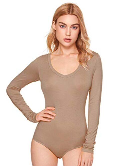 MakeMeChic Women's Basic Long Sleeve Bodysuit Stretchy Jumpsuit Tops