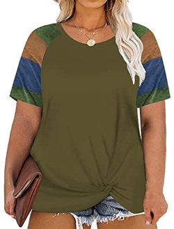 DOLNINE Womens Plus Size Tops Short Sleeve Striped Raglan Tunics with Pockets