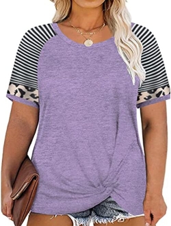 DOLNINE Womens Plus Size Tops Short Sleeve Striped Raglan Tunics with Pockets