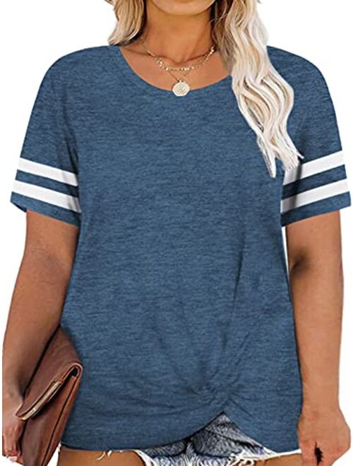 DOLNINE Womens Plus Size Tops Short Sleeve Striped Raglan Tunics with Pockets