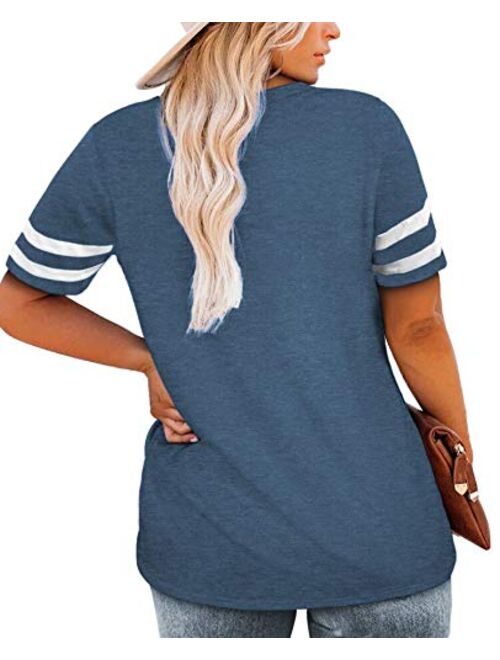 DOLNINE Womens Plus Size Tops Short Sleeve Striped Raglan Tunics with Pockets