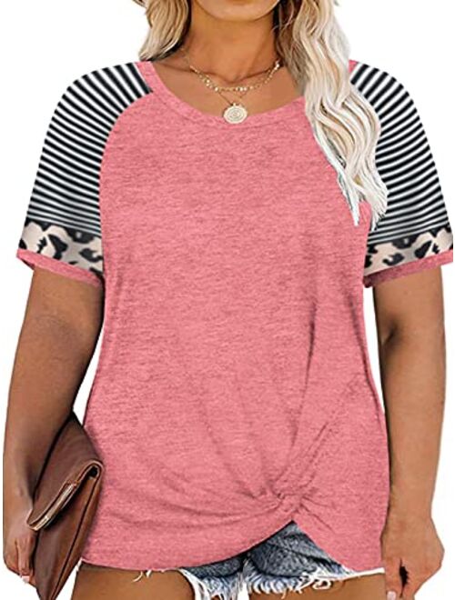 DOLNINE Womens Plus Size Tops Short Sleeve Striped Raglan Tunics with Pockets