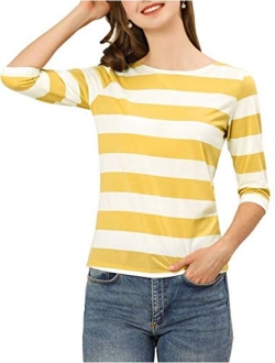 Women's Elbow Sleeves Striped T-Shirt Top Casual Basic Boat Neck Slim Fit Tee