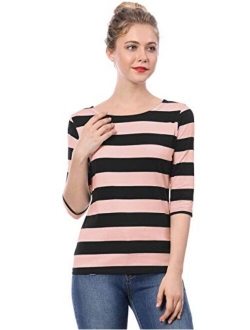 Women's Elbow Sleeves Striped T-Shirt Top Casual Basic Boat Neck Slim Fit Tee