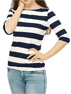 Women's Elbow Sleeves Striped T-Shirt Top Casual Basic Boat Neck Slim Fit Tee