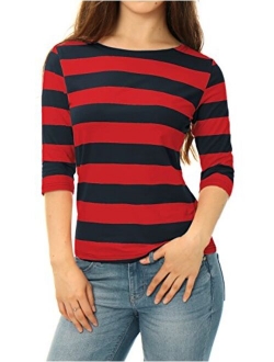 Women's Elbow Sleeves Striped T-Shirt Top Casual Basic Boat Neck Slim Fit Tee