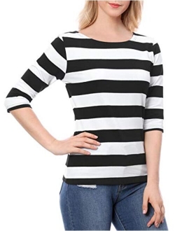 Women's Elbow Sleeves Striped T-Shirt Top Casual Basic Boat Neck Slim Fit Tee