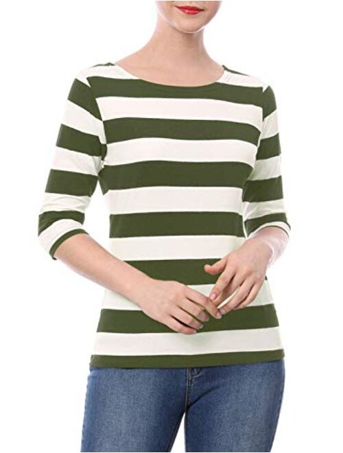 Allegra K Women's Elbow Sleeves Striped T-Shirt Top Casual Basic Boat Neck Slim Fit Tee