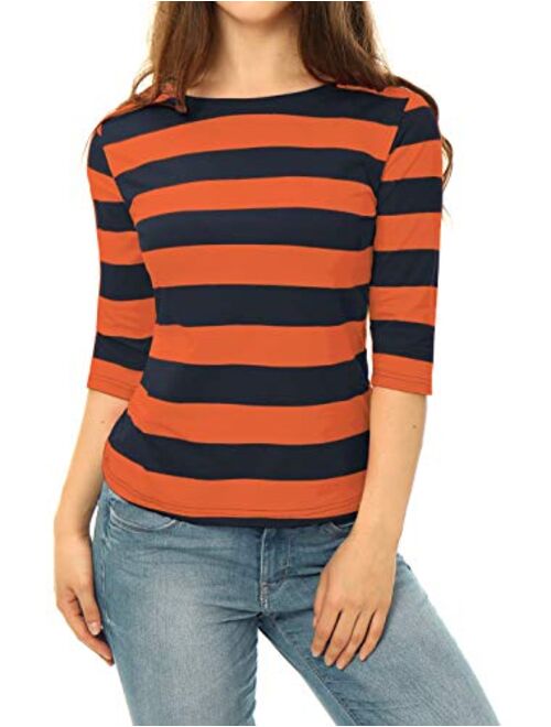 Allegra K Women's Elbow Sleeves Striped T-Shirt Top Casual Basic Boat Neck Slim Fit Tee