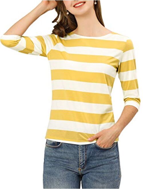 Allegra K Women's Elbow Sleeves Striped T-Shirt Top Casual Basic Boat Neck Slim Fit Tee