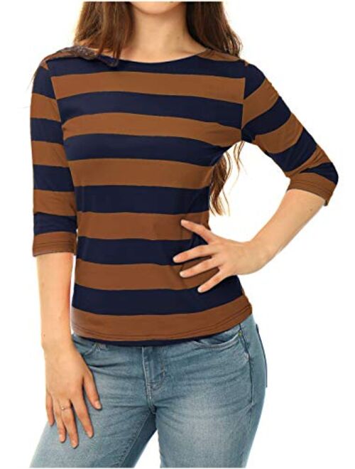 Allegra K Women's Elbow Sleeves Striped T-Shirt Top Casual Basic Boat Neck Slim Fit Tee