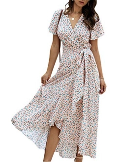 Women's Boho V Neck Ruffle Floral Wrap Maxi Dress