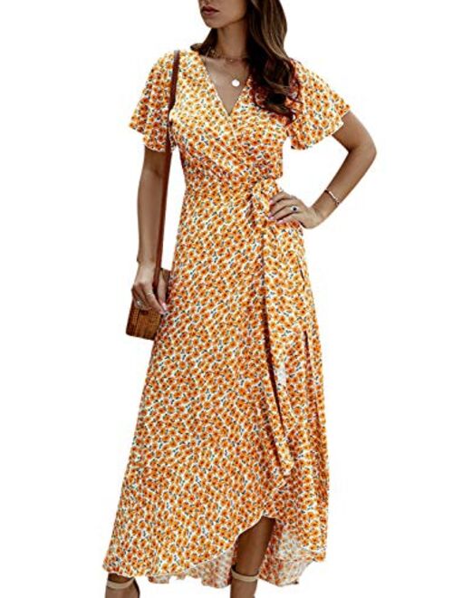 BerryGo Women's Boho V Neck Ruffle Floral Wrap Maxi Dress