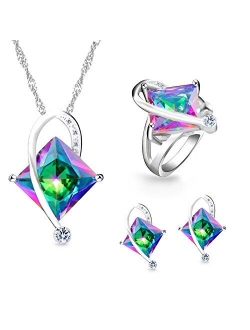 Uloveido Charm Created Topaz Big Square Crystal Necklace Matching Stud Earrings Rings Jewelry Set T295