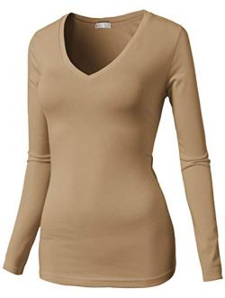 H2H Womens Basic Slim Fit Soft Long Sleeve V Neck Cotton T-Shirt