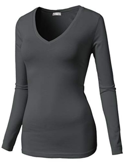 H2H Womens Basic Slim Fit Soft Long Sleeve V Neck Cotton T-Shirt