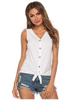 Women's Tie Knot Button Down Shirts Sleeveless Casual Blouse Curved Hemline Tops S-XXL