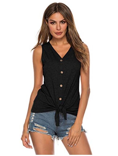 Women's Tie Knot Button Down Shirts Sleeveless Casual Blouse Curved Hemline Tops S-XXL