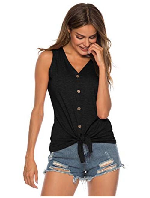 Women's Tie Knot Button Down Shirts Sleeveless Casual Blouse Curved Hemline Tops S-XXL