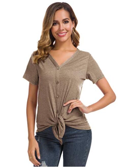 Women's Tie Knot Button Down Shirts Sleeveless Casual Blouse Curved Hemline Tops S-XXL