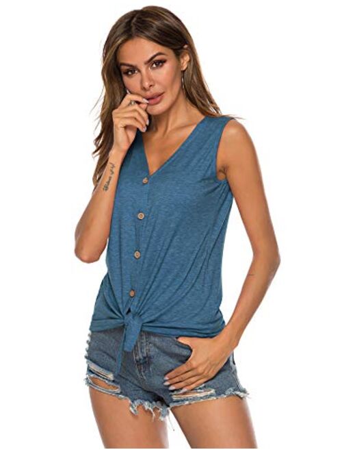 Women's Tie Knot Button Down Shirts Sleeveless Casual Blouse Curved Hemline Tops S-XXL