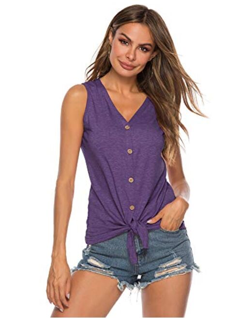 Women's Tie Knot Button Down Shirts Sleeveless Casual Blouse Curved Hemline Tops S-XXL