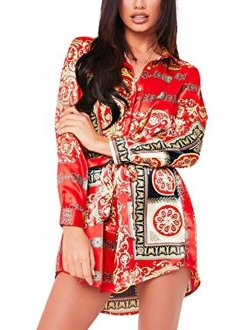 Women's Floral Print T-Shirt Dress - Button Down Long Sleeve Collar Loose Blouse Tops Mini Dress