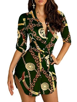 Women's Floral Print T-Shirt Dress - Button Down Long Sleeve Collar Loose Blouse Tops Mini Dress