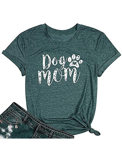 Dog Mom Tshirts for Women Funny Dog Paw Graphic Print Short Sleeve O Neck Mom Shirt