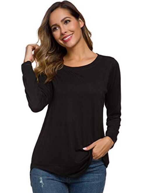 WEIYAN Womens Long Sleeve Casual T-Shirts Tunic Blouse Loose Curved Hem Tops